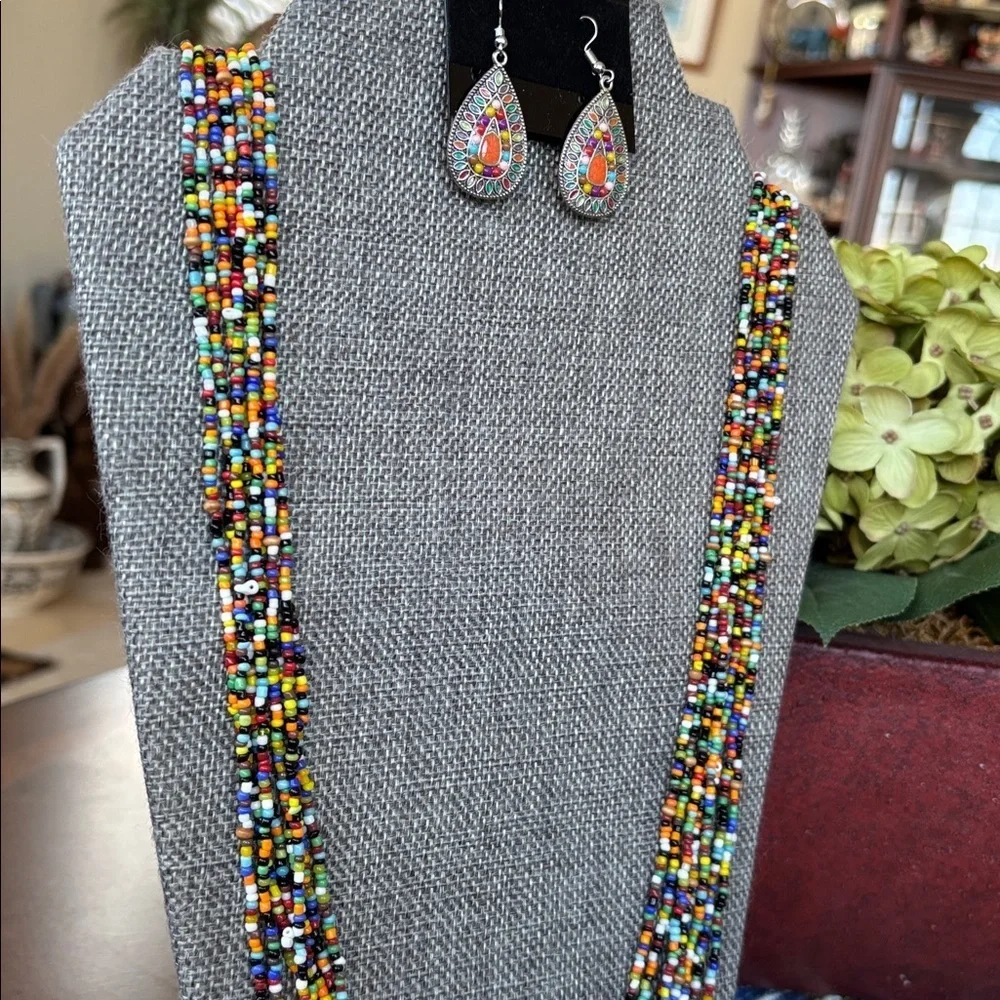 Vintage Seed Beaded Multi-Strand Long Wood Bead Colorful & Teardrop Earrings